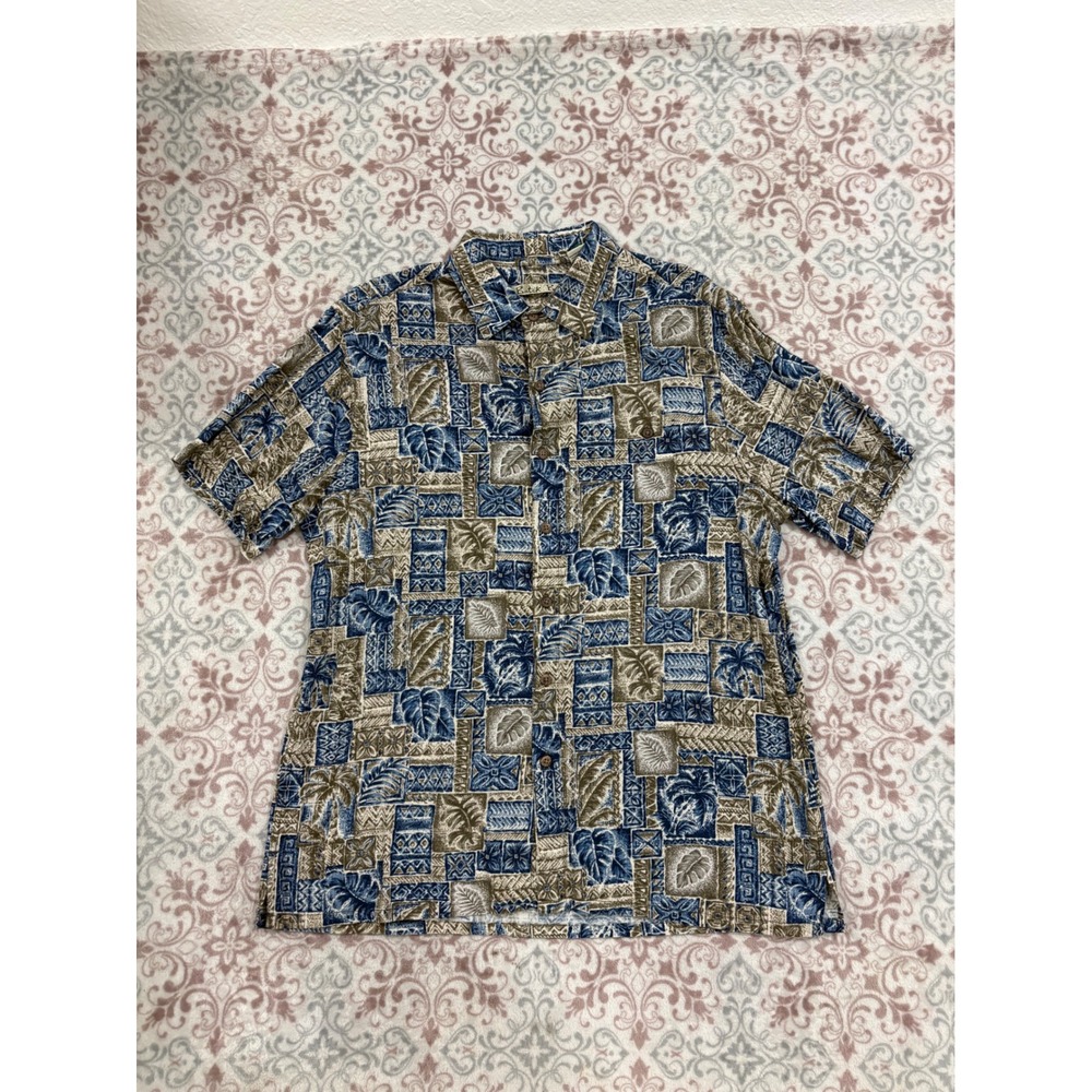 Batik Bay Mens Large Blue Tan Tropical Palm Rayon Short Sleeve Button Down Shirt